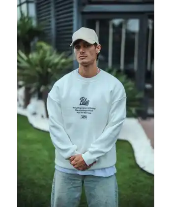 Erkek 3 iplik pamuklu Bisiklet Yaka Ön Ve Arka Baskılı SweatShirt - Beyaz