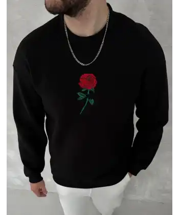 ERKEK 3 iplik Pamuklu Bisiklet Yaka Ön Ve Arka Baskılı SweatShirt - Siyah