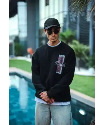 Erkek 3 iplik pamuklu Bisiklet Yaka Ön ve Arka Baskılı SweatShirt - Siyah