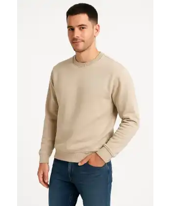 Erkek 3 İplik Pamuklu Düz Bisiklet Yaka SweatShirt - Bej