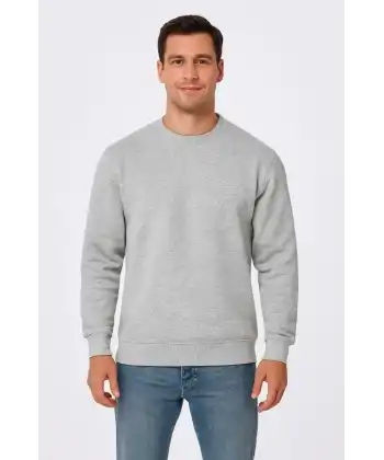 Erkek 3 İplik Pamuklu Düz Bisiklet Yaka SweatShirt - Gri
