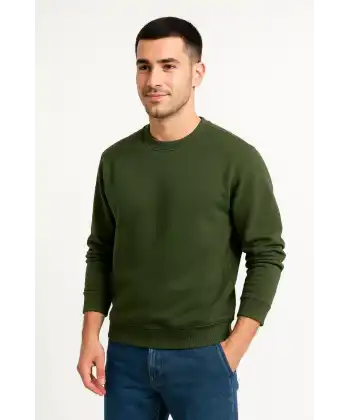 Erkek 3 İplik Pamuklu Düz Bisiklet Yaka SweatShirt - Haki