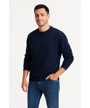 Erkek 3 İplik Pamuklu Düz Bisiklet Yaka SweatShirt - Lacivert