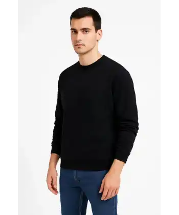 Erkek 3 İplik Pamuklu Düz Bisiklet Yaka SweatShirt - Siyah