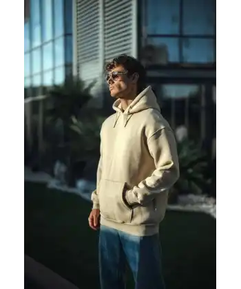 Erkek 3 İplik Pamuklu Kapüşonlu Basic SweatShirt Hoodie - Bej