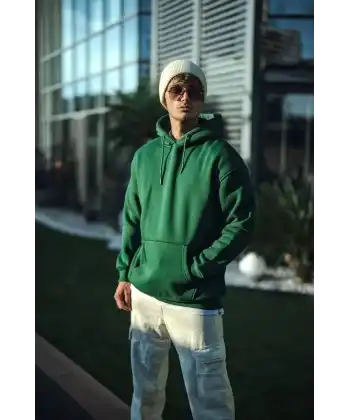 Erkek 3 İplik Pamuklu Kapüşonlu Basic SweatShirt Hoodie - Haki