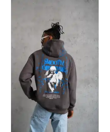 Erkek 3 İplik Pamuklu Kapüşonlu Baskılı Cepli Oversize Sweatshirt Hoodie - Gri