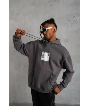 Erkek 3 İplik Pamuklu Kapüşonlu Baskılı Cepli Oversize Sweatshirt Hoodie - Gri