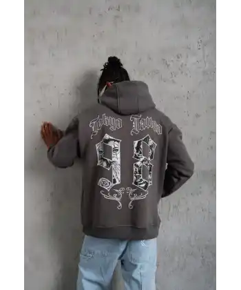 Erkek 3 İplik Pamuklu Kapüşonlu Baskılı Cepli Oversize Sweatshirt Hoodie - Gri