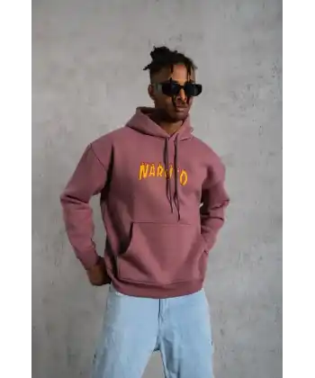 Erkek 3 İplik Pamuklu Kapüşonlu Baskılı Cepli Oversize Sweatshirt Hoodie - Gül Kurusu