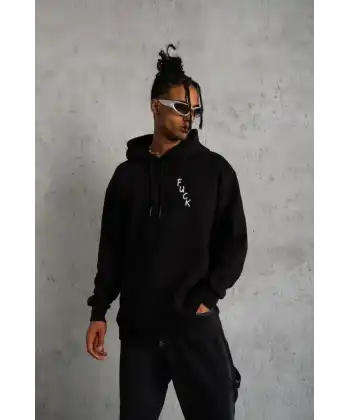 Erkek 3 İplik Pamuklu Kapüşonlu Baskılı Cepli Oversize Sweatshirt Hoodie - Siyah