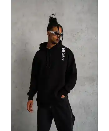Erkek 3 İplik Pamuklu Kapüşonlu Baskılı Cepli Oversize Sweatshirt Hoodie - Siyah