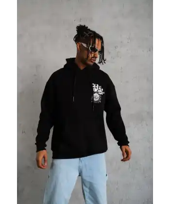 Erkek 3 İplik Pamuklu Kapüşonlu Baskılı Cepli Oversize Sweatshirt Hoodie - Siyah