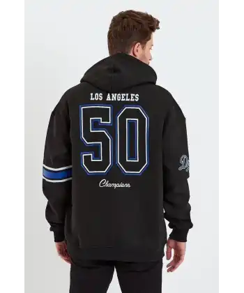Erkek 3 İplik Pamuklu Kapüşonlu Baskılı Cepli Oversize Sweatshirt Hoodie - Siyah