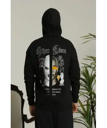 Erkek 3 İplik Pamuklu Kapüşonlu Baskılı Cepli Oversize Sweatshirt Hoodie - Siyah