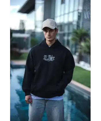 Erkek 3 İplik Pamuklu Kapüşonlu Baskılı Cepli Oversize Sweatshirt Hoodie - Siyah