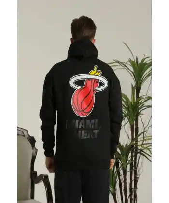 Erkek 3 İplik Pamuklu Kapüşonlu Baskılı Cepli Oversize Sweatshirt Hoodie - Siyah