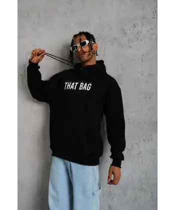 Erkek 3 İplik Pamuklu Kapüşonlu Baskılı Cepli Oversize Sweatshirt Hoodie - Siyah
