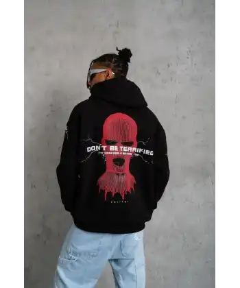 Erkek 3 İplik Pamuklu Kapüşonlu Baskılı Cepli Oversize Sweatshirt Hoodie - Siyah