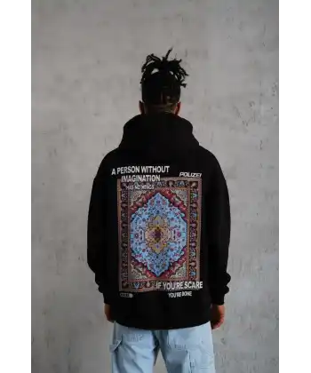 Erkek 3 İplik Pamuklu Kapüşonlu Baskılı Cepli Oversize Sweatshirt Hoodie - Siyah