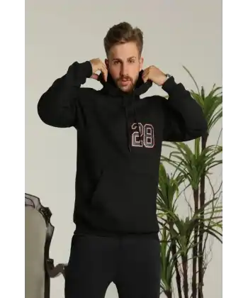 Erkek 3 İplik Pamuklu Kapüşonlu Baskılı Cepli Oversize Sweatshirt Hoodie - Siyah