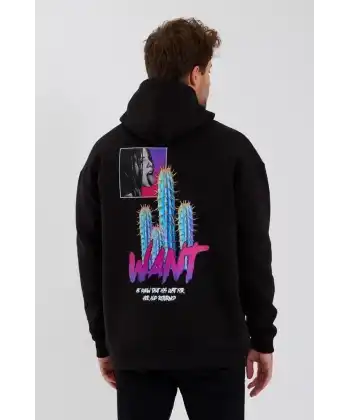 Erkek 3 İplik Pamuklu Kapüşonlu Baskılı Cepli Oversize Sweatshirt Hoodie - Siyah