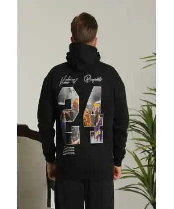 Erkek 3 İplik Pamuklu Kapüşonlu Baskılı Cepli Oversize Sweatshirt Hoodie - Siyah