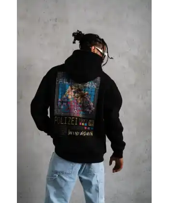 Erkek 3 İplik Pamuklu Kapüşonlu Baskılı Cepli Oversize Sweatshirt Hoodie - Siyah