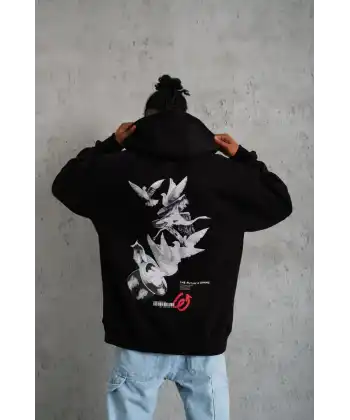 Erkek 3 İplik Pamuklu Kapüşonlu Baskılı Cepli Oversize Sweatshirt Hoodie - Siyah