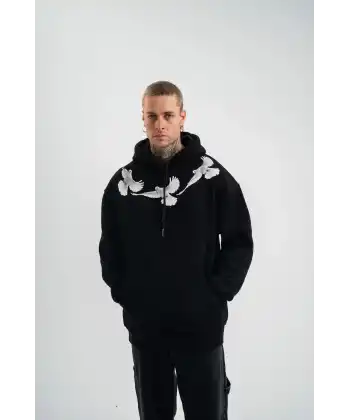 Erkek 3 İplik Pamuklu Kapüşonlu Baskılı Cepli Oversize Sweatshirt Hoodie - Siyah