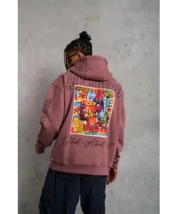 Erkek 3 İplik Pamuklu Kapüşonlu Baskılı Cepli Sweatshirt Hoodie - Gül Kurusu