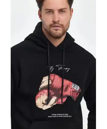 Erkek 3 İplik Pamuklu Kapüşonlu Cepli Boxy Eldiven Baskılı Hoodie Sweatshirt - Siyah