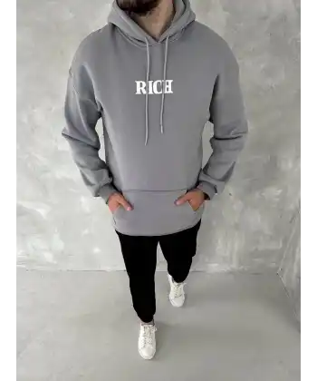 Erkek 3 İplik Pamuklu Kapüşonlu Kanguru Cepli Baskılı Oversize Hoodie Sweatshirt - Gri