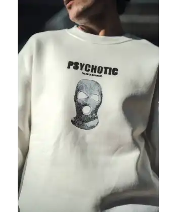 Erkek 3 iplik pamuklu Kışlık Bisiklet Yaka Baskılı SweatShirt - Beyaz