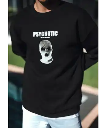 Erkek 3 iplik pamuklu Kışlık Bisiklet Yaka Baskılı SweatShirt - Siyah