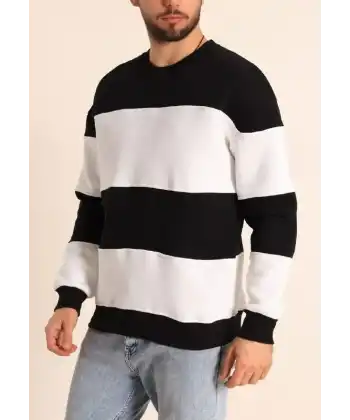 Erkek 3 iplik pamuklu Parçalı Bisiklet Yaka SweatShirt - Siyah