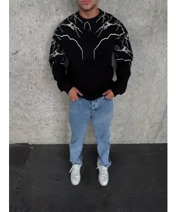 Erkek 3 iplik pamuklu Yıldırım Baskılı Bisiklet Yaka SweatShirt - Siyah
