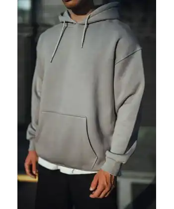 Erkek 3 İplik Penye Kapüşonlu Basic SweatShirt Hoodie - Boyalı Gri