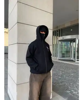 Erkek 3 iplik Samuray kapüşonlu ZIP Fermuarlı SweatShirt Hoodie - Siyah