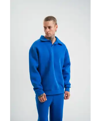 Erkek Açık Yakalı Oversize 3 İplik Pamuklu Sweatshirt - Mavii