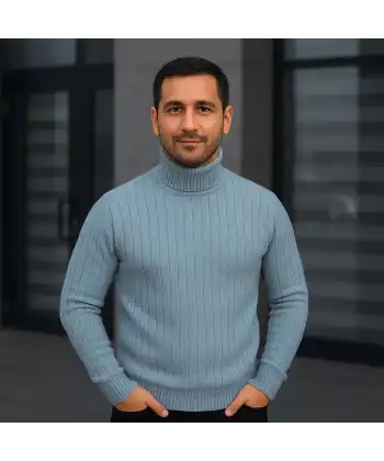 Erkek Balıkcı Yaka Bağazlı Triko Kazak Pamuklu Kalın Fitilli Dokuma, Regular Fit Uzun Kollu Kışlık Model - Bebe Mavisi