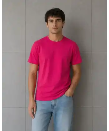 Erkek Basic Pamuklu Tişört Bisiklet Yaka Düz Renk Regular Fit T-Shirt - Fuşya
