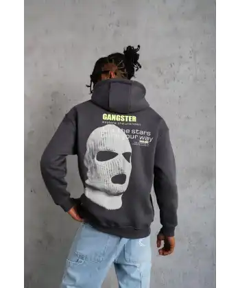 Erkek Baskılı Kapüşonlu 3 iplik pamuklu hoodie Sweatshirt - Gri