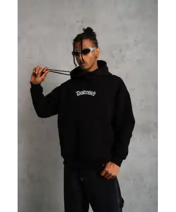 Erkek Baskılı Kapüşonlu 3 iplik pamuklu hoodie Sweatshirt - Siyah