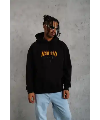 Erkek Baskılı Kapüşonlu 3 iplik pamuklu hoodie Sweatshirt - Siyah