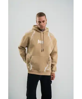Erkek Baskılı Kapüşonlu Oversize 3 İplik Pamuklu SweatShirt Hoodie - Füme