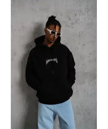 Erkek Baskılı Kapüşonlu ve Kanguru Cepli Sweatshirt hoodie- Siyah