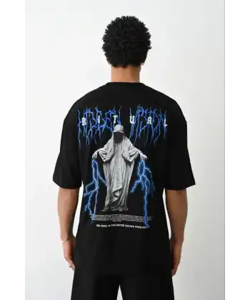 Erkek Baskılı Oversize  Kısa kol T-Shirt - Siyah