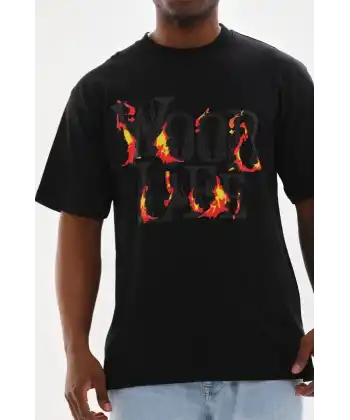 Erkek Baskılı T-Shirt Kısa Kol Bisiklet Yaka Rahat Kalıp Tişört - Siyah