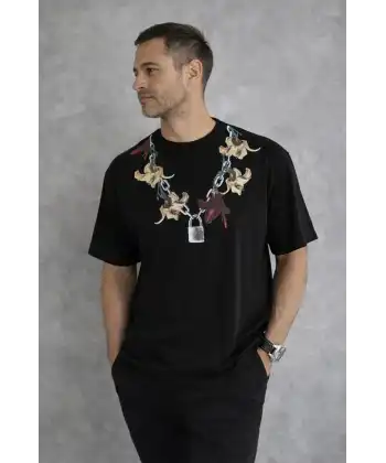Erkek Baskılı T-Shirt Kısa Kol Bisiklet Yaka Regular Fit Rahat Tişört - Siyah